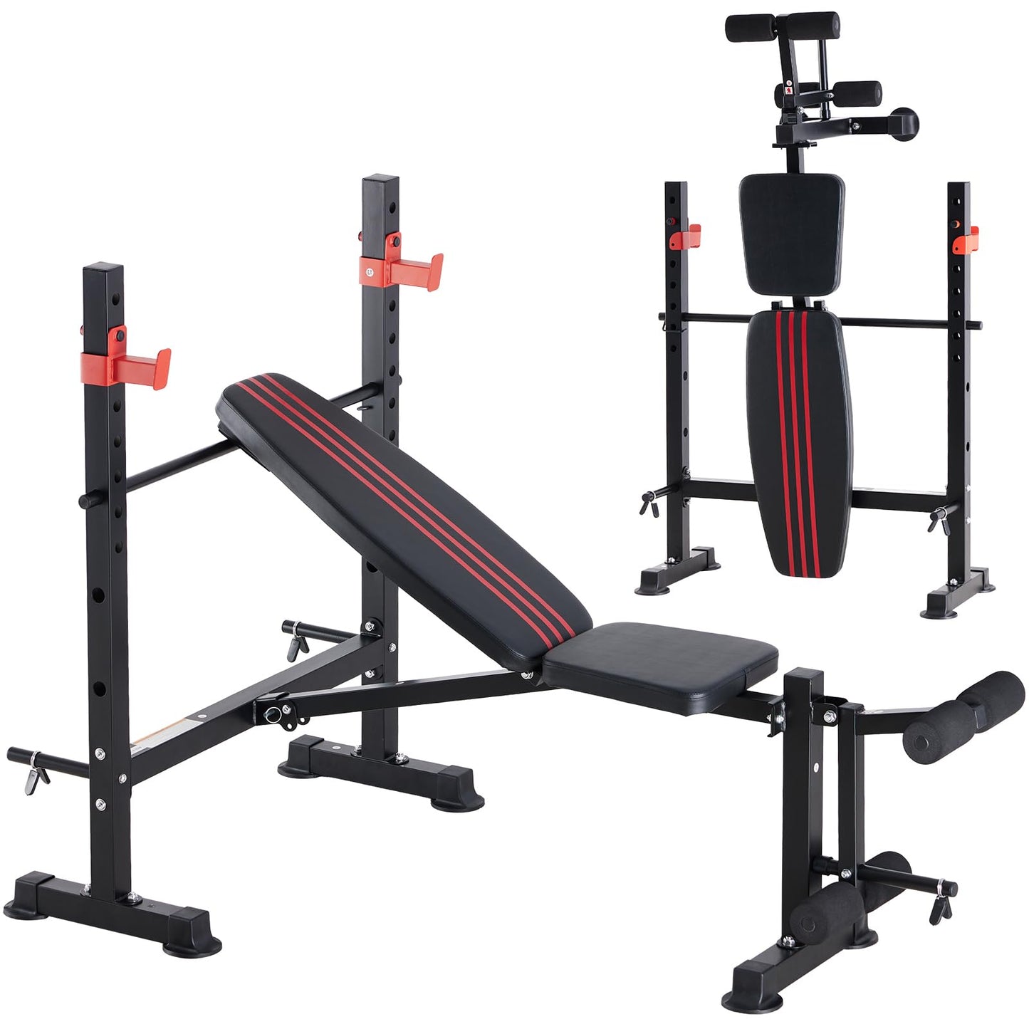 OLIXIS Adjustable Weight Bench Set with Rack, 650 LBS Capacity Heavy Duty Foldable Bench Press Set with Leg Extension Curl, Easy Assembly Strength Training Workout Set for Garage, Home, Gym-Red