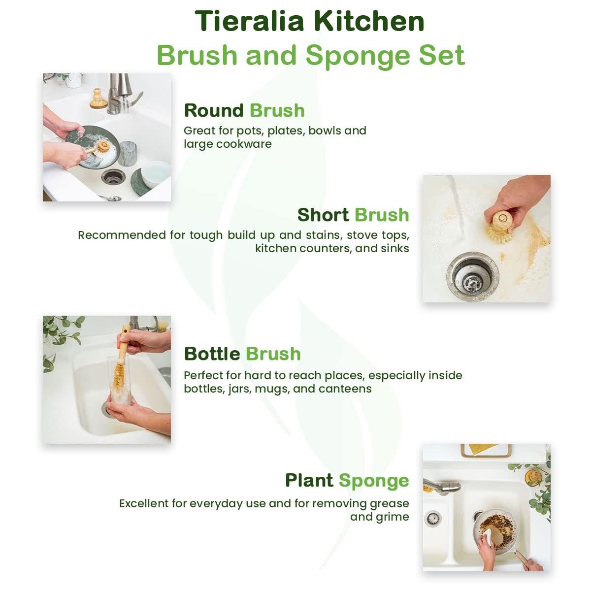 Tieralia Bamboo Dish Brush Gift Set – 5-Piece Kitchen Cleaning Set with Bottle Brush, Round Scrub Brush, Palm Brush & 2 Plant-Based Sponges | Wooden Handle Cleaning Tools for Dishes & Surfaces