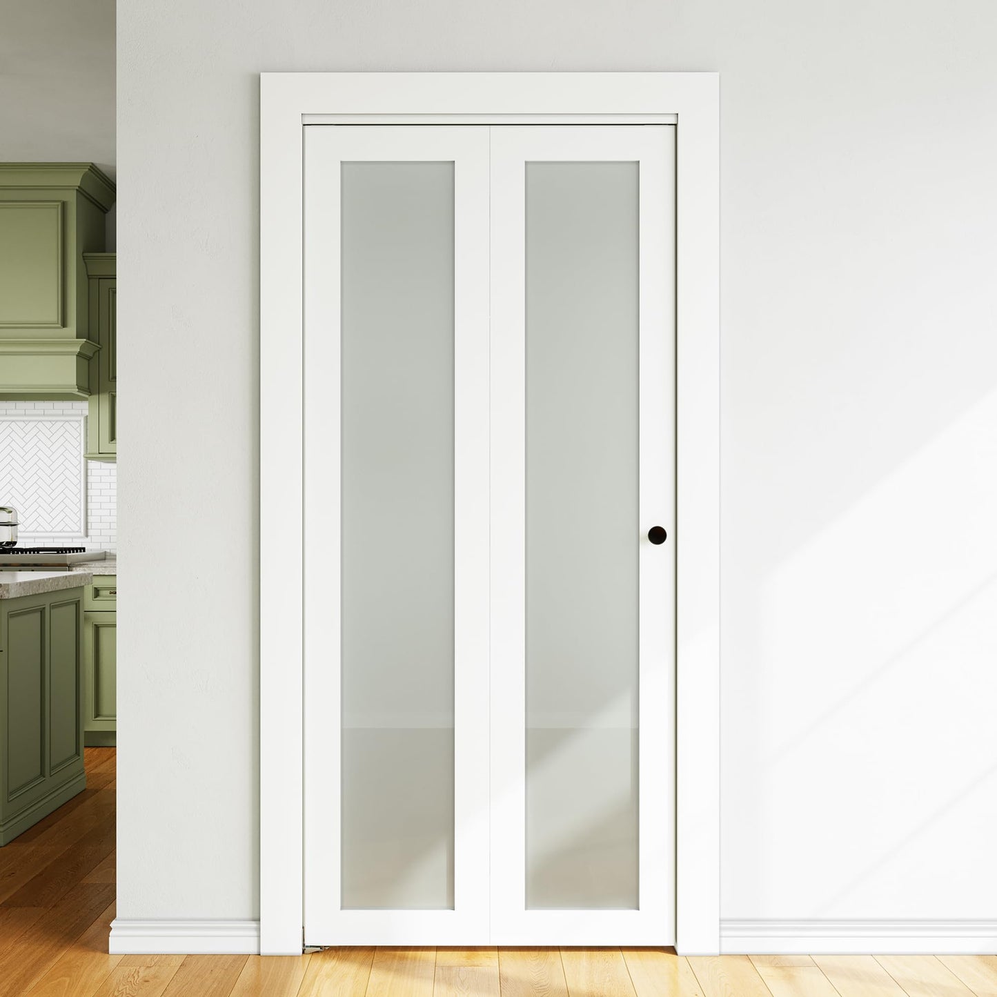 SMARTSTANDARD Bifold Door, 24'' x 80" Tempered Frosted Glass, Interior Folding Door with Hardware Track Kits, Easy Assembly, MDF, White