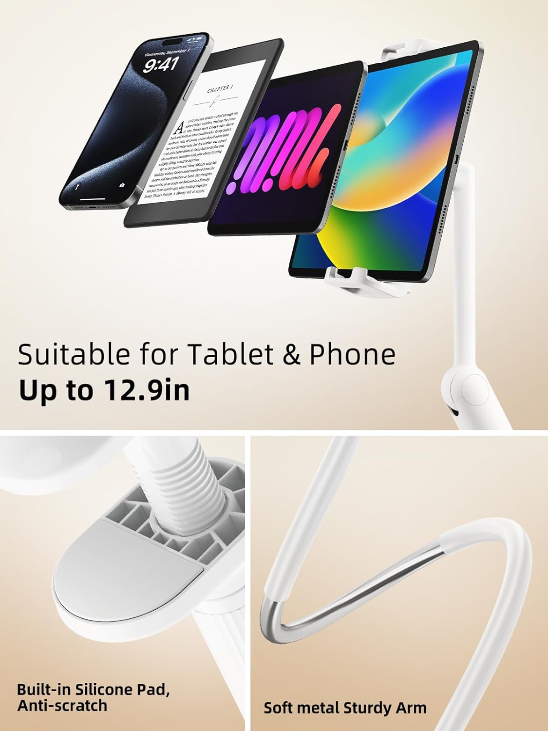 SAIJI 47" 4.7-13" Gooseneck Tablet Holder for Bed, One-Hand Adjustable, Length, Upgraded Base, iPad Holder Stand