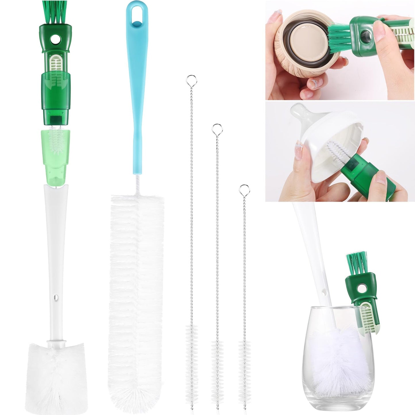 OUTXE 5 Pack Bottle Brush Set, 5-in-1 Water Bottle Cleaner Brush, 15"" Long Handle Bottle Cleaning Brush, 3 Straw Brush, Removable Nipple Brush, Detail Brush for Cup Lid Gap, WBBSBLB5