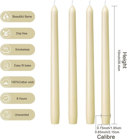 Everymoment Ivory Taper Candles - Dripless & Smokeless 10-Inch Candlesticks - 4 Pack Unscented Cream for Weddings & Home Decor