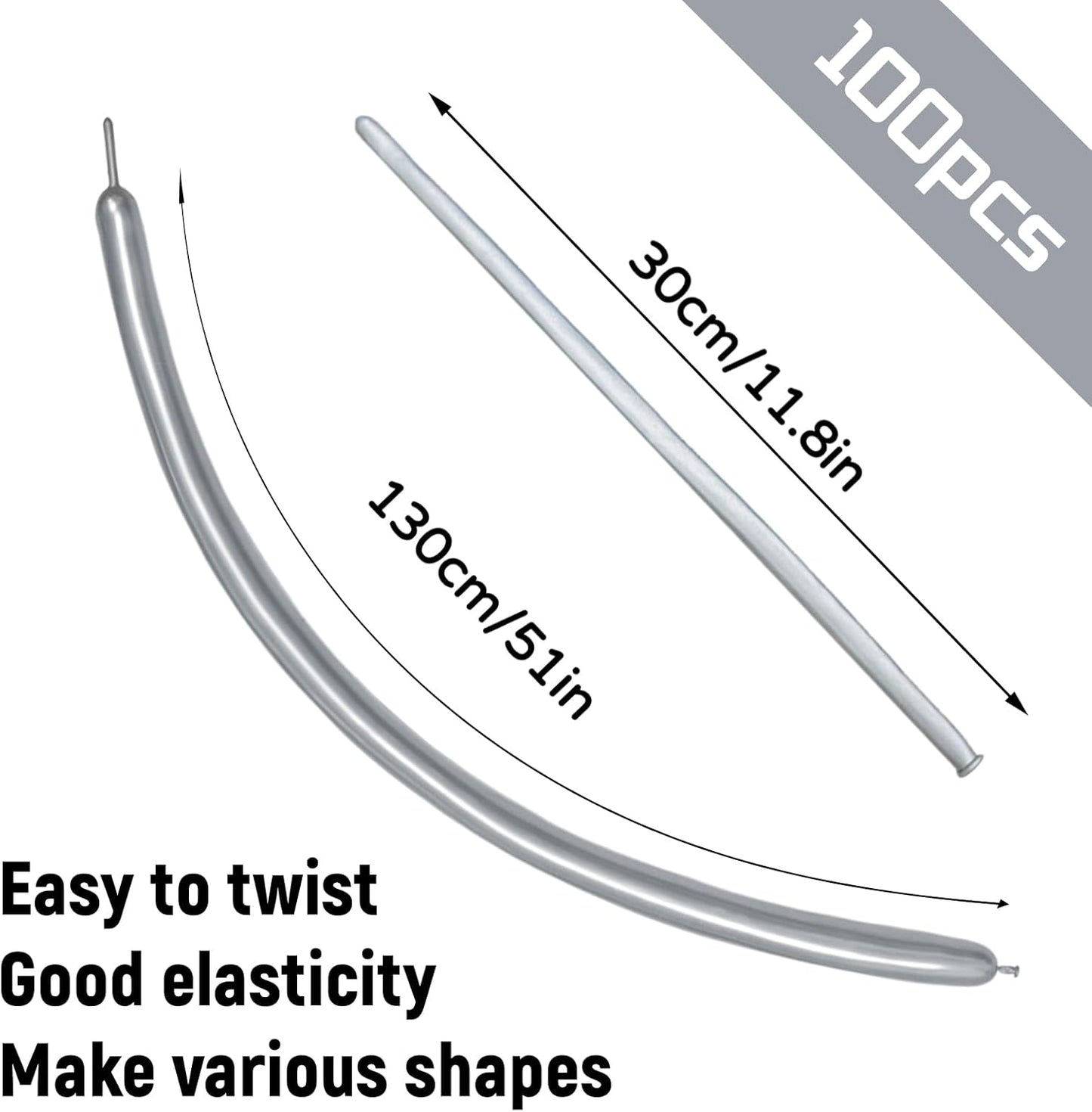 Skiennix Metallic Silver Balloons - 100 Pcs Long Skinny Latex Twisting Balloons for Animal Modeling | Perfect for Christmas & Birthday Parties