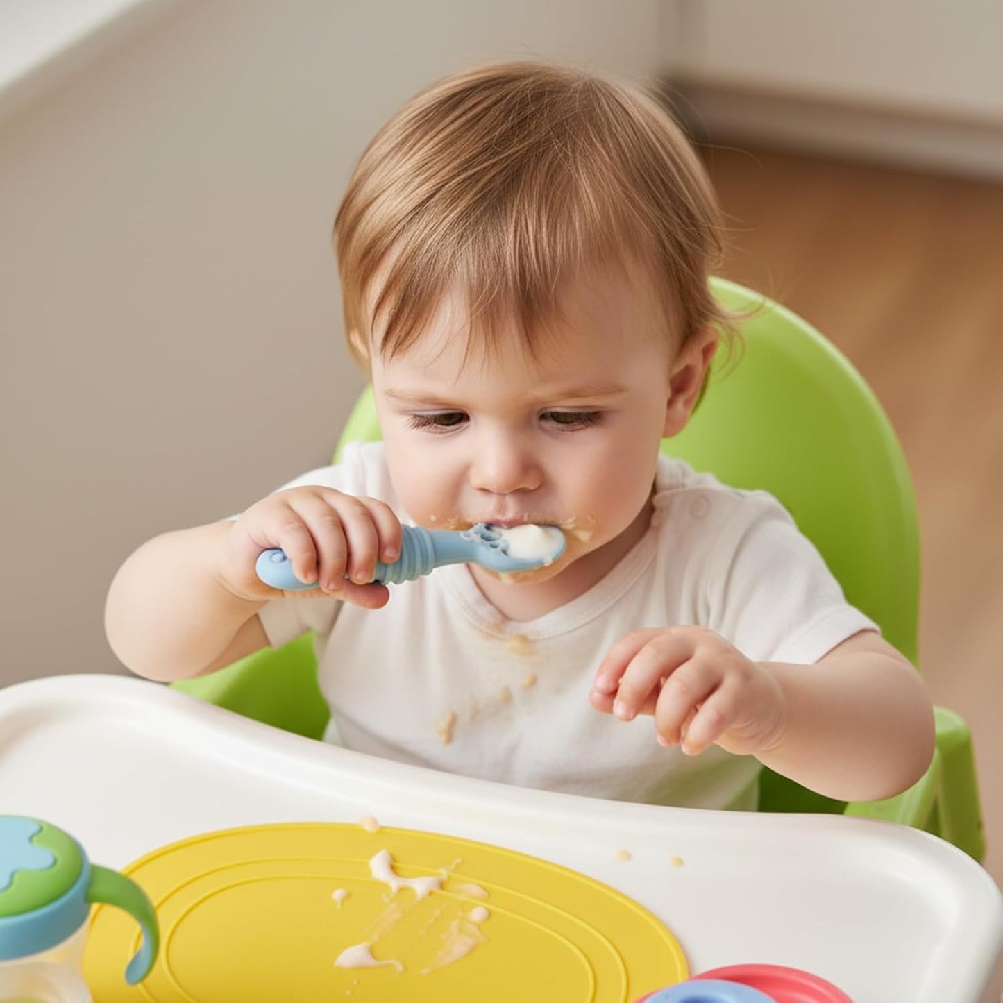 PandaEar Silicone Baby Spoons - 6 Pack for Baby Led Weaning | Self Feeding Utensils 6+ Months (Blue, Green, Beige)