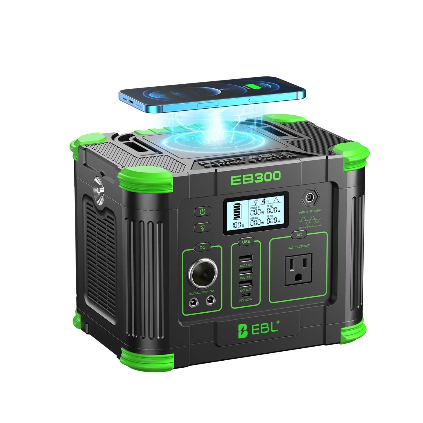 EBL Portable Power Station, 330W 288.6Wh Solar Generator 60W USB-C PD, 5W Wireless Charger, SOS Emergency Light, Multi-Port Power Supply for Outdoor Camping, Home Blackout, RV Travel