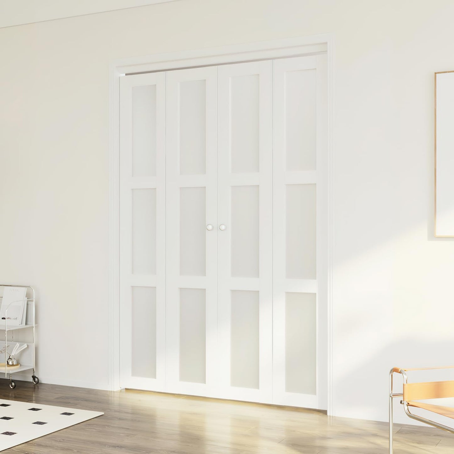 ARKHJEM Bi-Fold Door,3 Panel Frosted Glass Closet Door,for 48"×80"(Double 24"*80" Doors) Door Opening,Suitable for Closets & Interiors,DMF,White