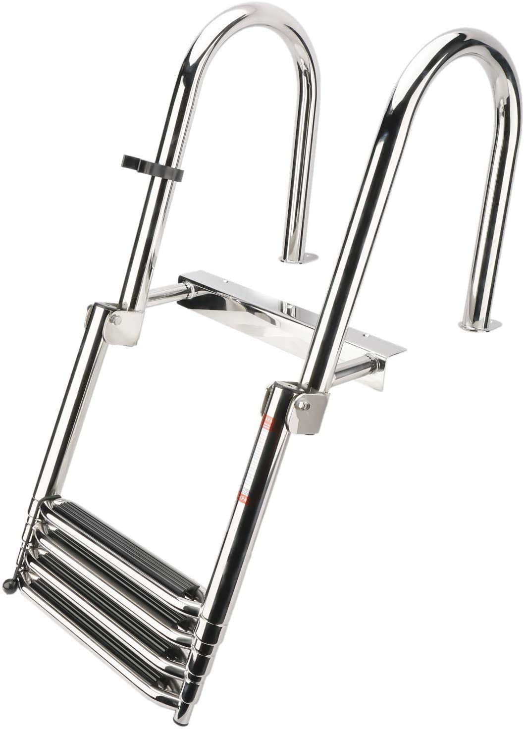 Amarine Made 4 Step Pontoon Boat Ladder Foldable Stainless Steel Marine Rear Entry Telescoping Ladders with Wide Steps Swim Deck Laddes with Pedal Hand Railing,Retaining Strap