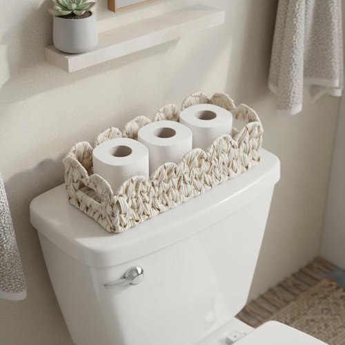 Coeusy Scalloped Toilet Paper Storage Basket - Boho Wicker Decor for Bathroom & Living Room | Stylish & Functional