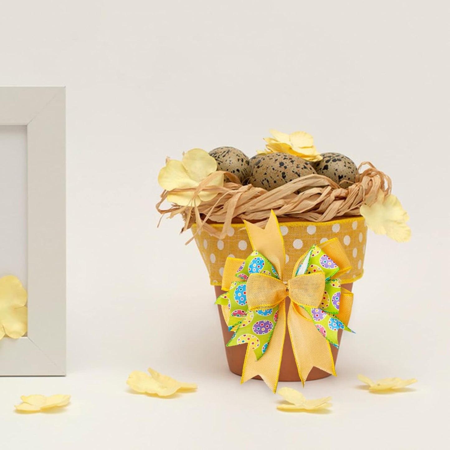 SIMISI Ribbon Easter Wreath Bow - Yellow Egg Door Wall Ornament for Home Decor | 9.5 x 13 Inch