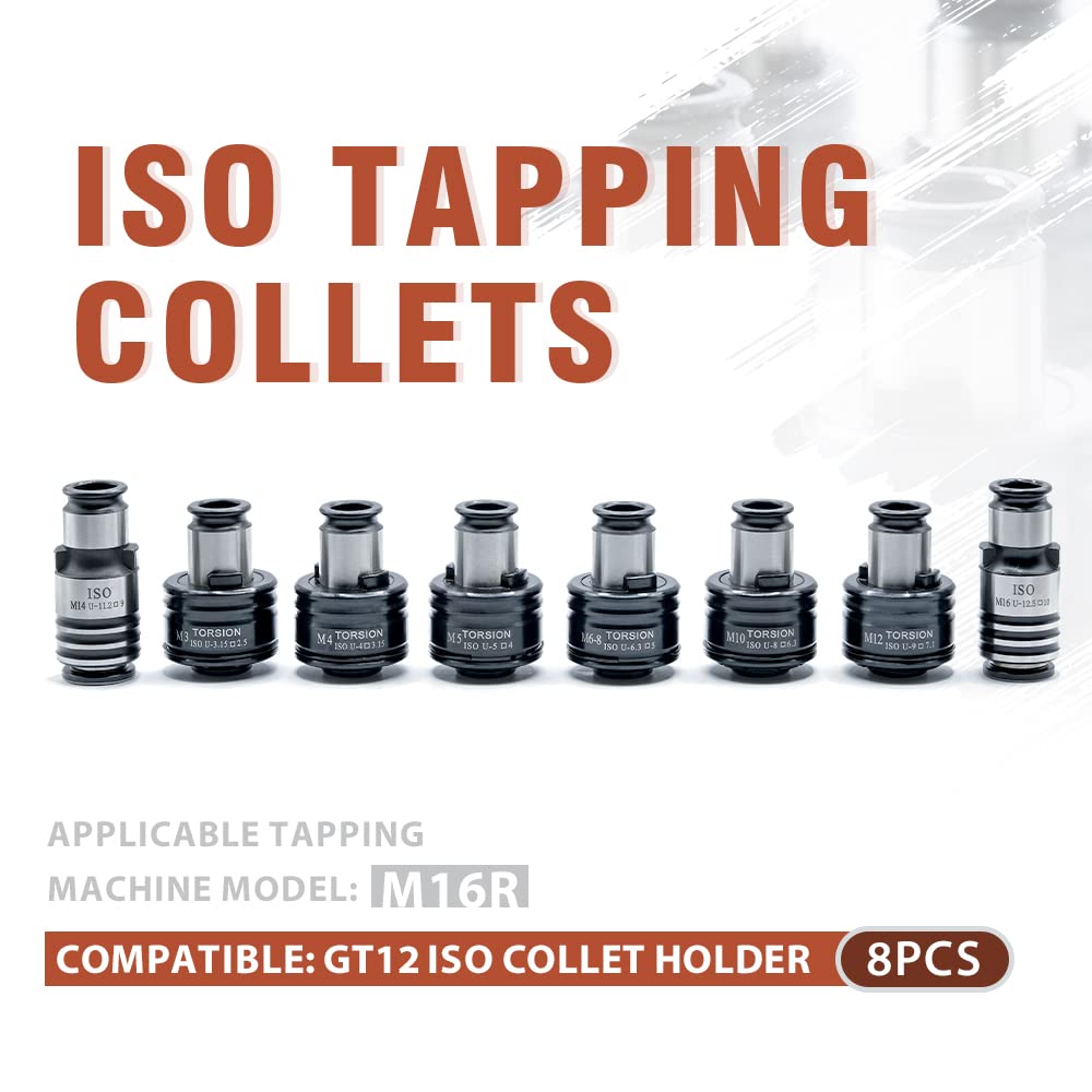 ZAC GT12 ISO Tapping Collets, 8PCS Torque Collets M3, M4, M5, M6/M8, M10, M12, M14, M16 Apply for M16R Tapping Machine