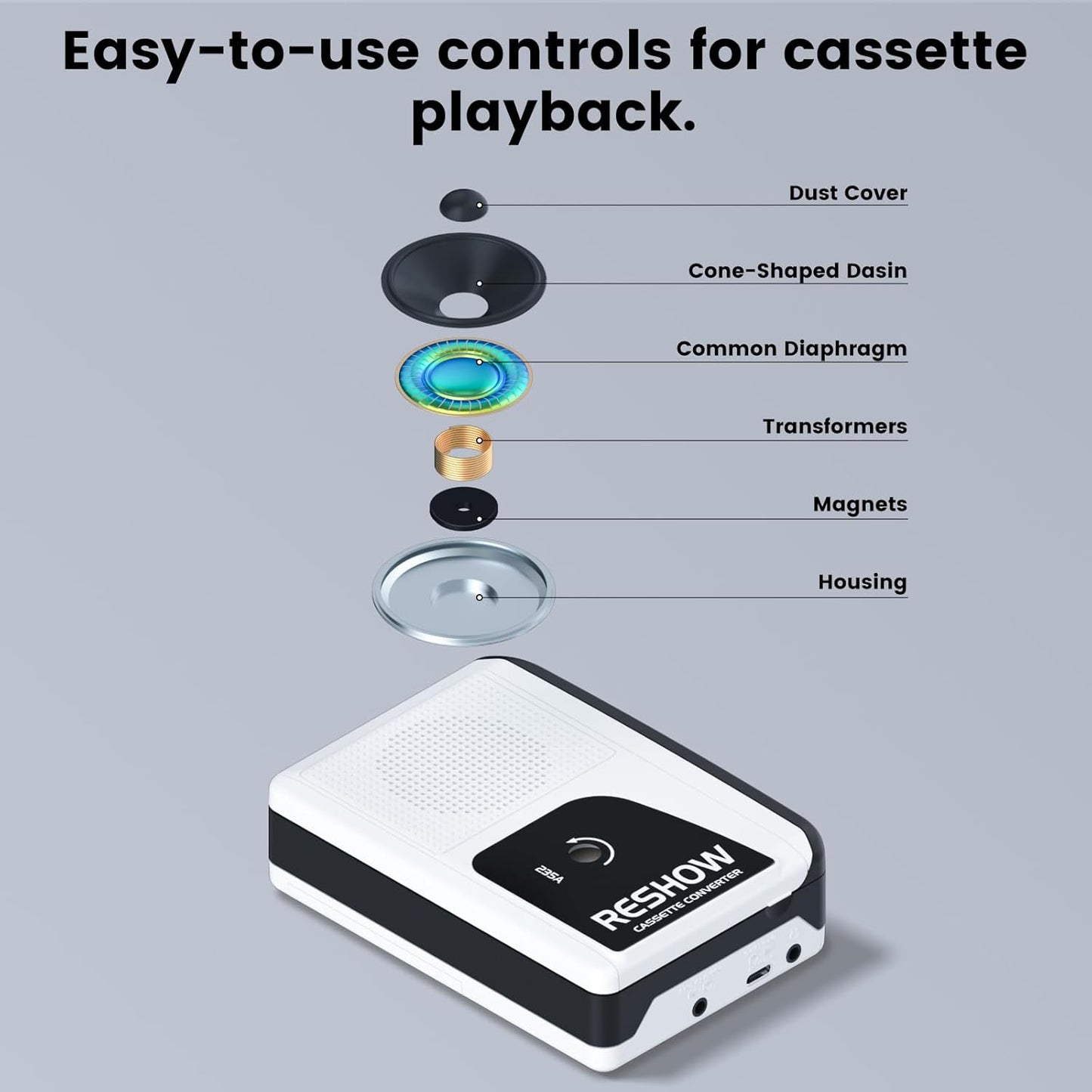 Cassette Cassette MP3 Reshow Player Recorder, Portable to Converter with USB-C, Built-in Speaker, Audio Tape to Digital