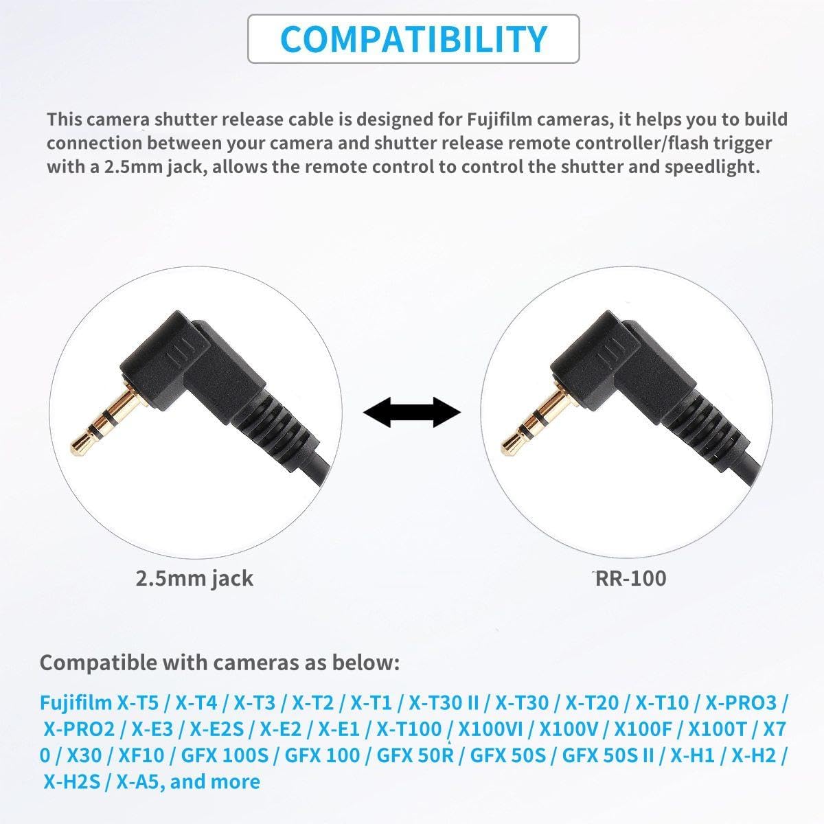 Keabroir 2.5mm RR-100 X100VI X-T5 X-T4 XT3 XT2 X-H2 X-T30 XT20 to Camera Shutter Release Cable Remote Control Cord
