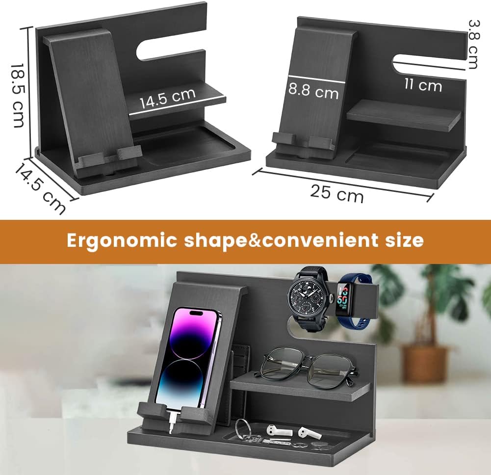 AliveByte Wood Phone Docking Station - Gifts for Men Desk or Nightstand Organizer - Birthday Gifts for Husband, Fathers