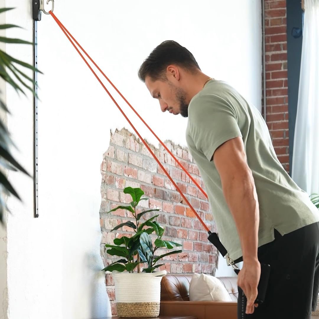 Space Saver Gym Wall Anchor System with 4 Resistance Bands – Home Workout Station with Adjustable Rail & Rail Car | Full-Body Strength Training, Physical Therapy, Rehab & Small-Space Exercise Kit