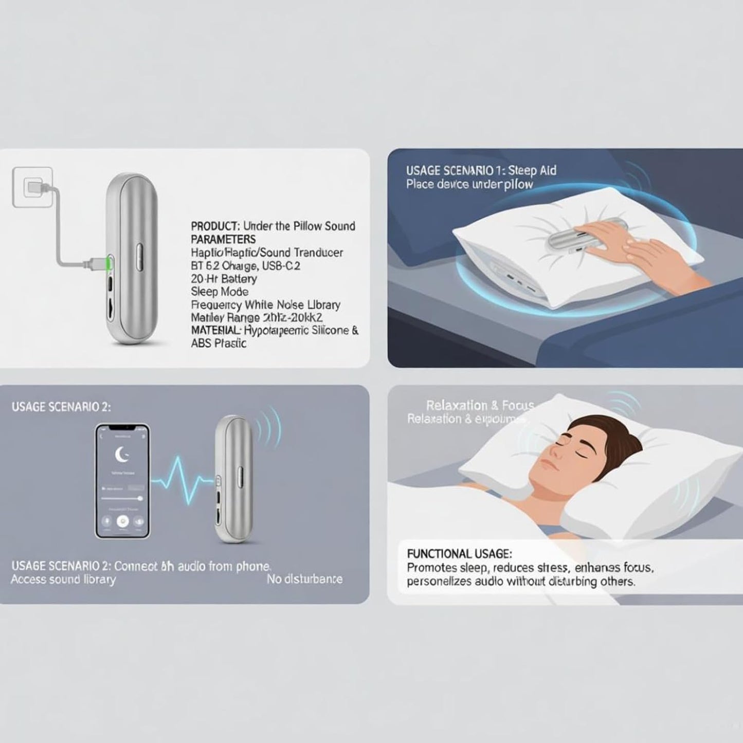Morseatooke Pillow Speaker Bluetooth Sound Machine with Bone Conduction Technology,White Noise for Sleep Enhancement