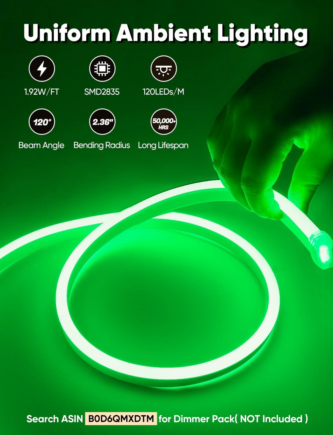 HeliosRibbon 16FT Green LED Neon Rope Lights, Waterproof, Flexible, ETL Listed, Connectable, Model HR-MNEON-GREEN-5M