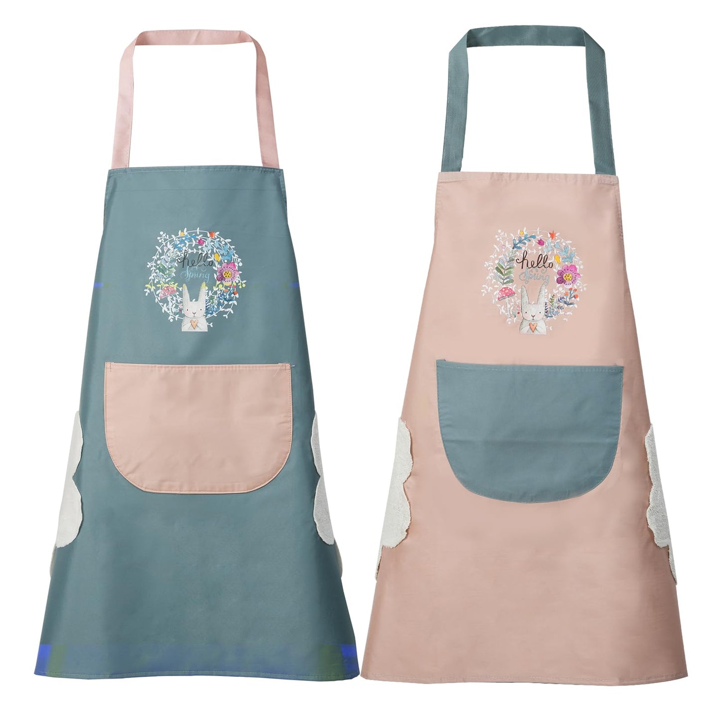 DILLMAN Women Kitchen Apron with Hand Wipe Pockets,Big Pocket,Hand-wiping, Waterproof for Cooking Baking (Blue + Pink)