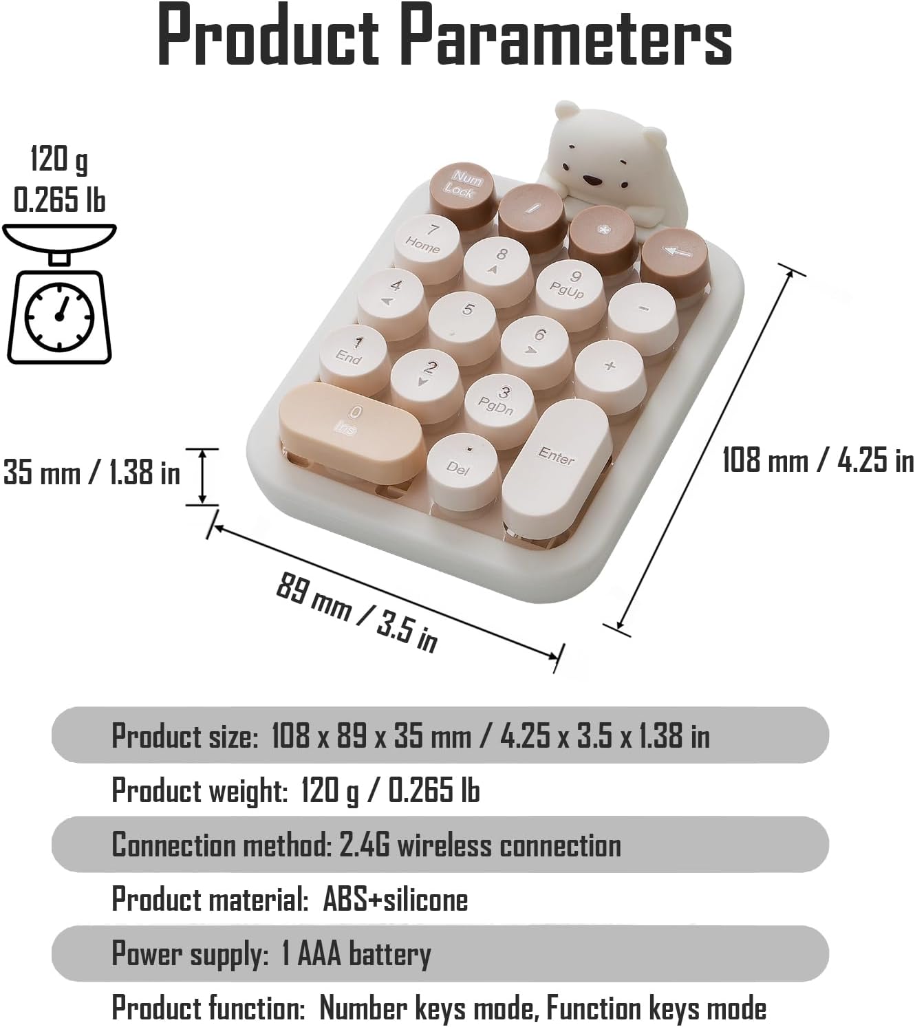 Lomiluskr 2.4G Accounting Cute Wireless Numeric Keypad with Silicone Bear, Colorful Round Keycaps, USB Wireless