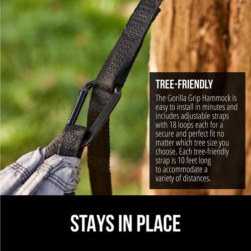 GORILLA GRIP Durable Camping Hammock - Heavy Duty Tree Straps | Portable Outdoor Swing Chair, Black