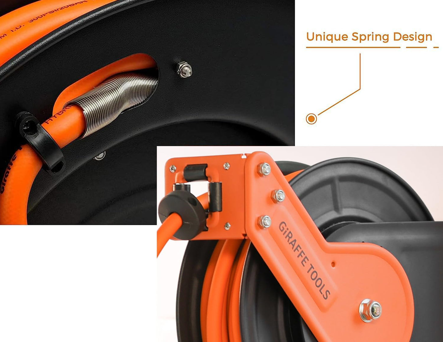 Giraffe Tools Retractable Air Hose Reel, 3/8" Hybrid Hose, Air Compressor Heavy Duty Steel Reel Auto Rewind 300PSI, Wall Mount with Swivel Bracket, 50ft