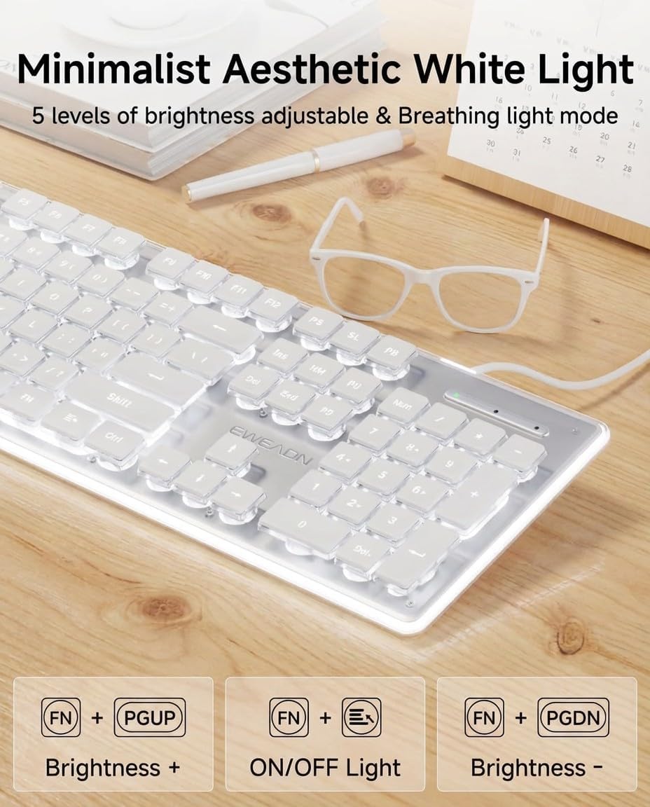 SEUNKWANG GX710S EWEADN Backlit Computer Keyboards, Wired USB Keyboard with White Backlit, Metal Panel, Plug and Play