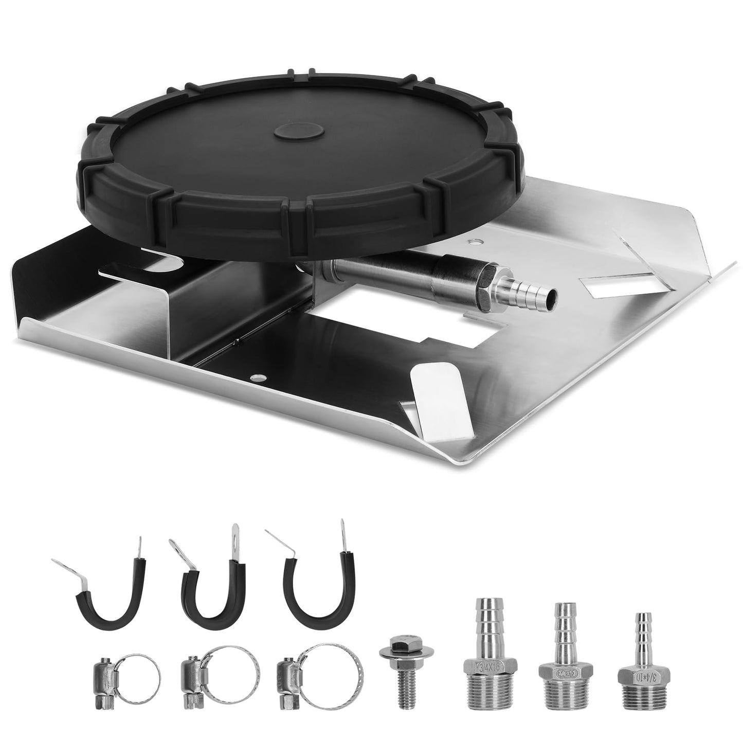Pond & Lake Aeration Accessories, Self-Weighted Stainless Steel Base, Membrane Diffuser, Stainless Steel Connectors for 3 Hose Sizes, and 3 Sets of Clamps, Ideal for Outdoor Aeration Systems.