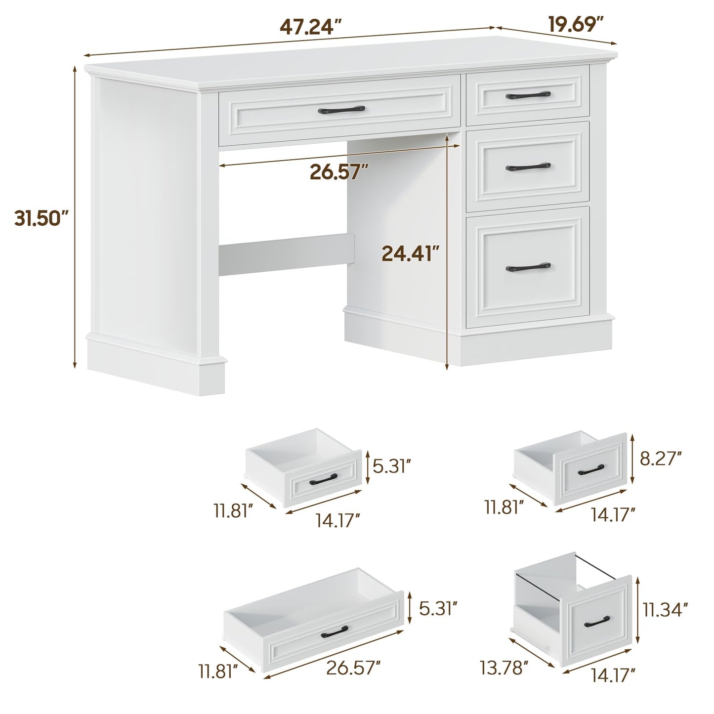 Halitaa Farmhouse 47" Executive Desk with File Drawer, Computer Desk with 4 Drawers, Workstation for Writing, Study, Home Office, Cream White.