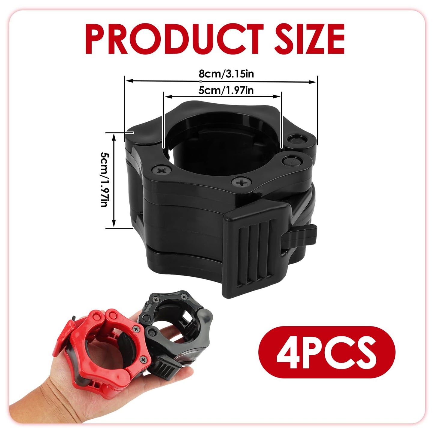 4 Pack Barbell Clamps Collars, 2" Quick Release Weight Clips Fit Olympic Barbell, Heavy Duty Locking Bar Clips for Weightlifting Workout Training Gym Athletes Fitness Enthusiasts (2 Black 2 Red)