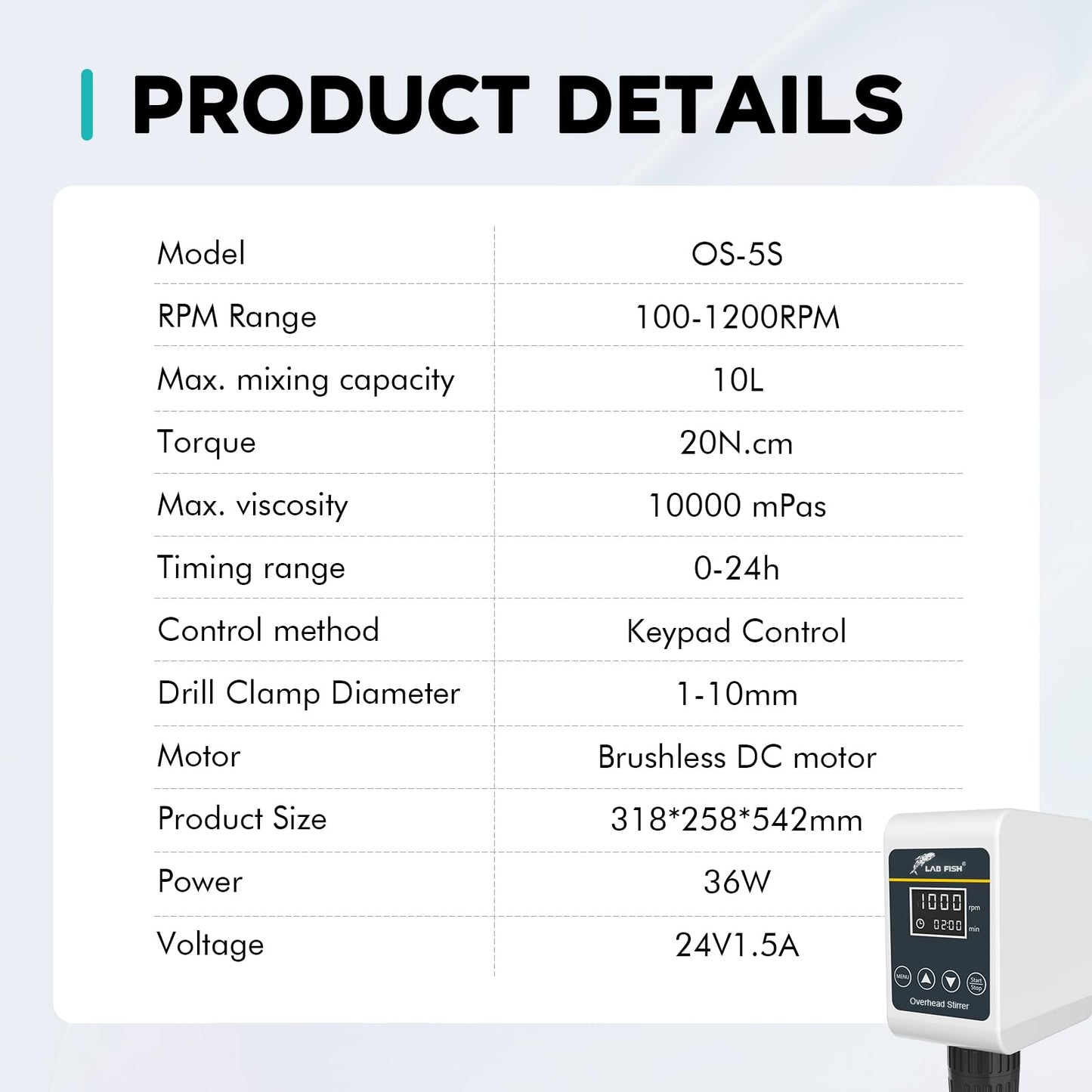 LAB FISH Digital Overhead Stirrer(OS-5S) 10L Capacity 100-1200 RPM Timing 1min-24h Variable Speed Mixer Handles High Viscosity Liquids for Chemical/Reagents/Paints