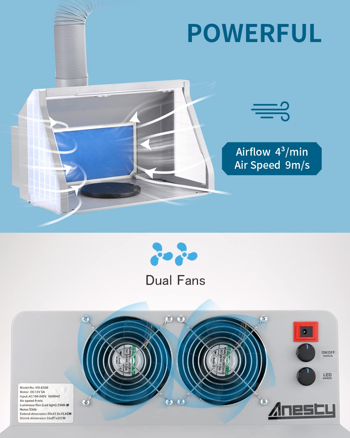 Anesty Airbrush Spray Booth with Dual Exhaust Fans, Stepless LED & Airflow Control, Portable Foldable Paint Booth with Turntable, Filter & Hose for Model Painting, Miniatures, Gunpla and Crafts