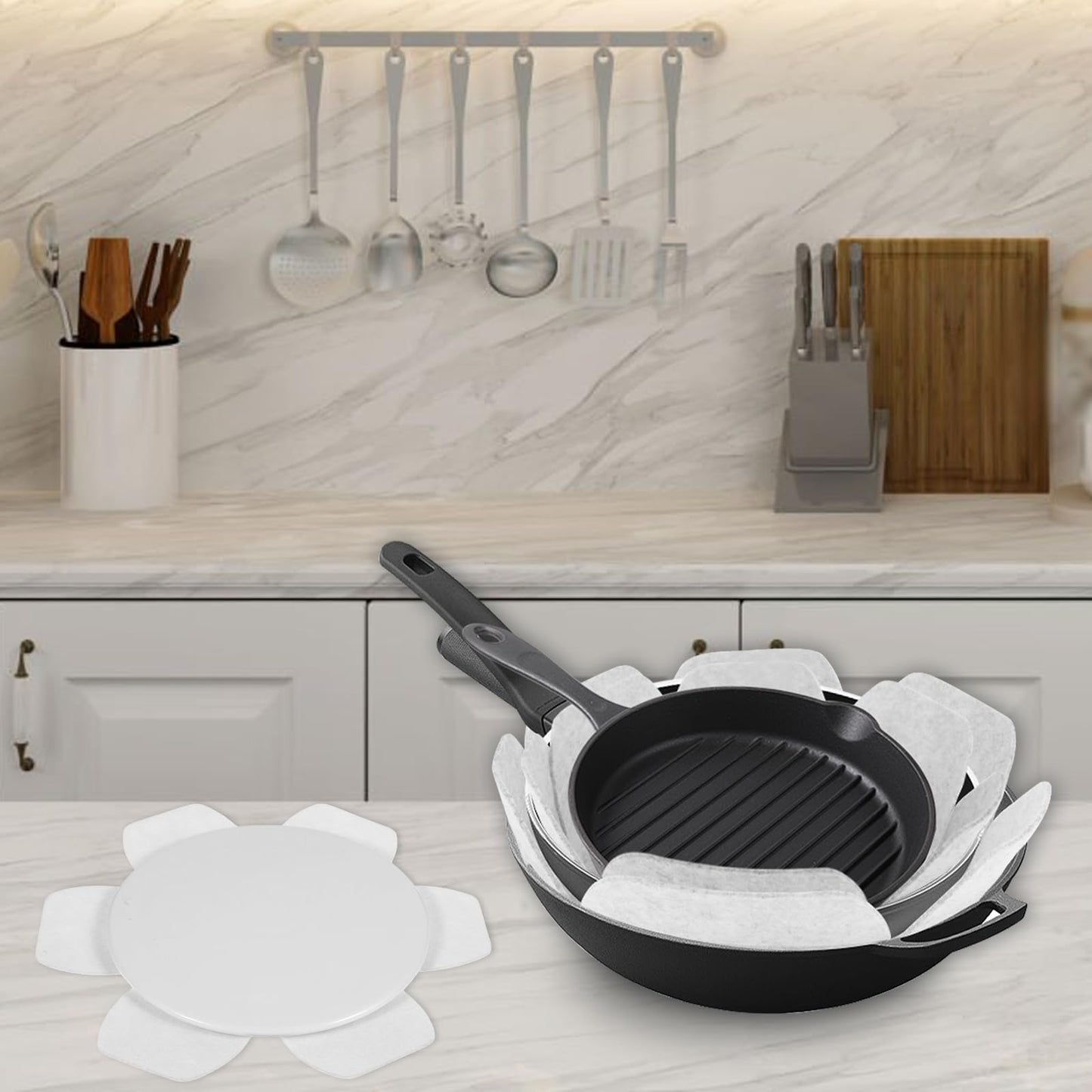 Pan Protectors, Set of 6 and 3 Different Size, Premium Felt Pot Protectors for Stacking Non Stick Pan Dividers Separators Pads for Stacking and Protecting Your Cookware (White)