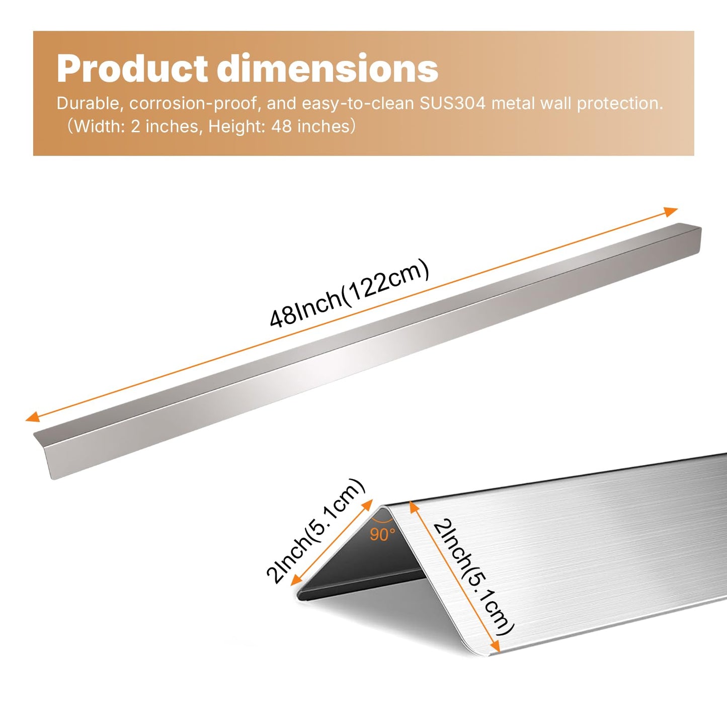 2x2x48 Inch 304 Stainless Steel Wall Corner Guards (10-Pack), Heavy Duty 90° Rounded Corner Protector, Smooth Folded Edge Metal Wall Edge Guard, Wall Corner Trim for Home & Commercial Wall Protection