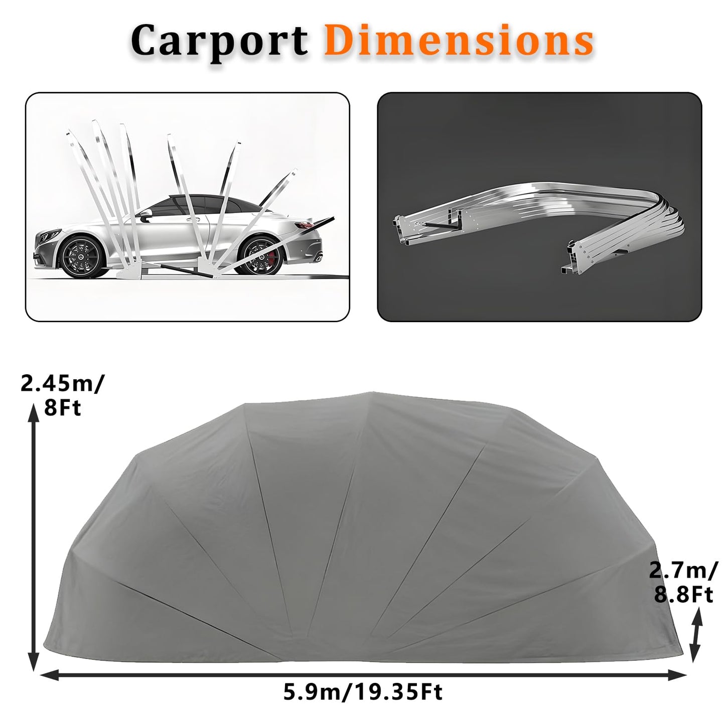 Semi Automatic Car Canopy, 19.35 x 8.8 Ft Garage Shelter with Heavy-Duty Oxford Fabric, Stainless Steel Frame - Waterproof, UV-Resistant, Windproof for Outdoor Vehicle Protection, Grey