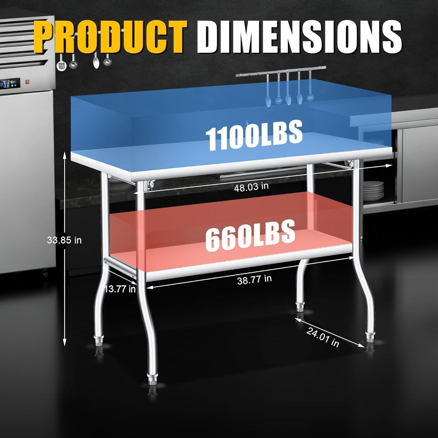 GAOMON Stainless Steel Foldable Table, 48x24 Inch Industrial Workbench with Bottom Storage Shelf, 1800 LBS Capacity Portable Utility Table for Workshop, Warehouse and Garage, Heavy Duty