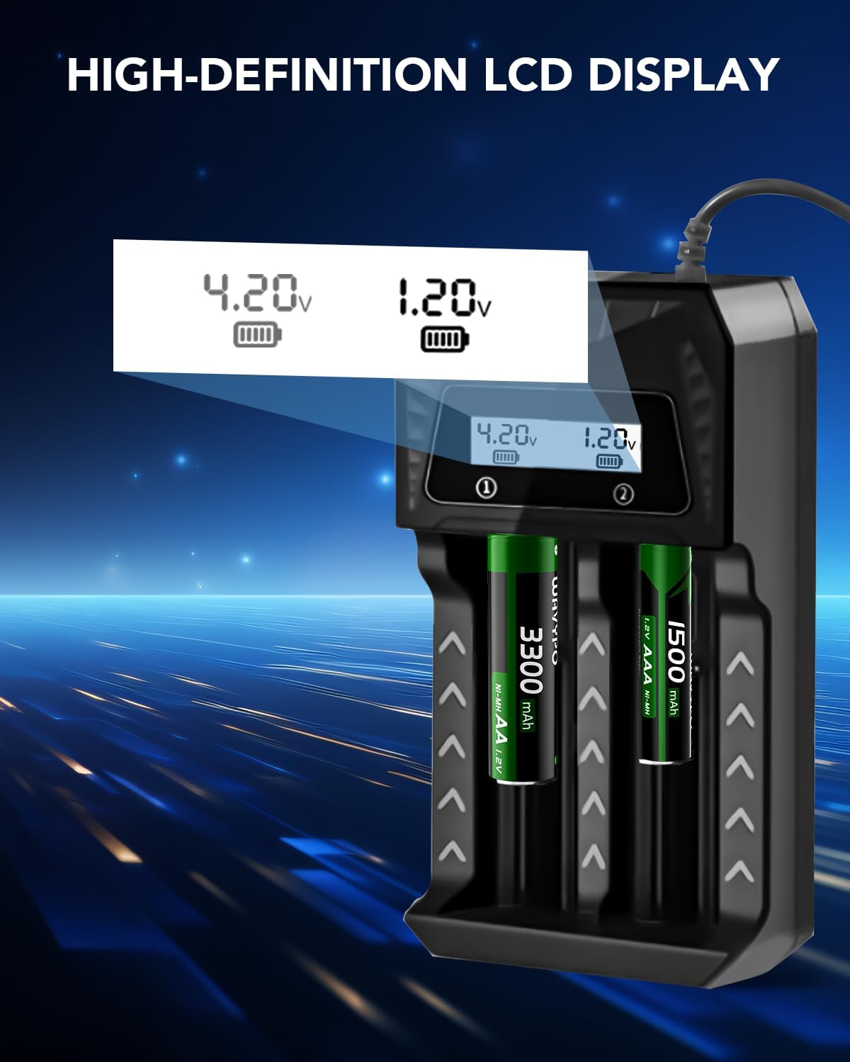 WAVYPO 18650 2 21700 LiFePO4 Battery Charger, Bays Smart Universal Charger with LCD Display for Rechargeable Batteries