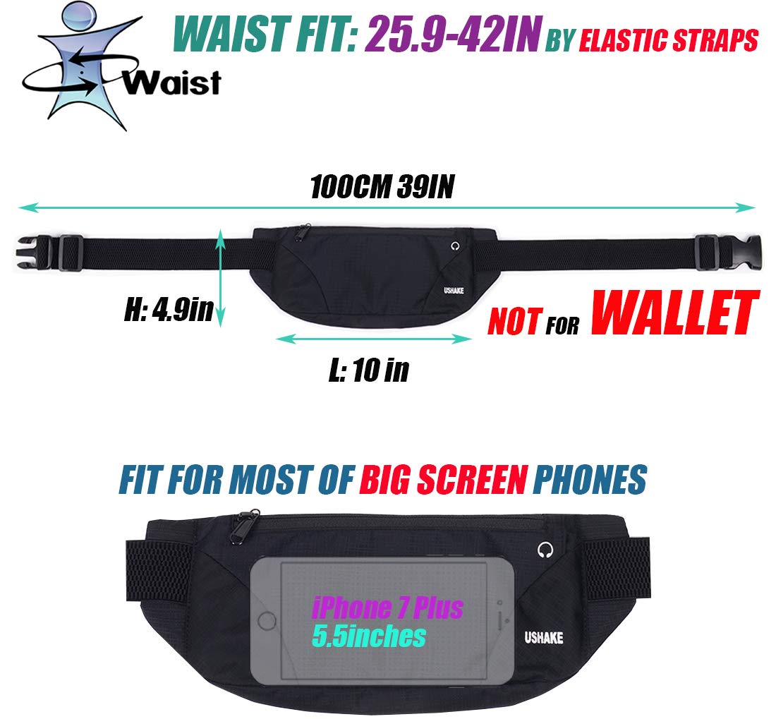 USHAKE Running Belt,Men or Women Ultra Light Bounce Free Waist Pouch Bag Fitness Workout Belt Sport Waist Pack Exercise Waist Bag for iPhone Samsung LG in Running Gym Marathon (BLACK)