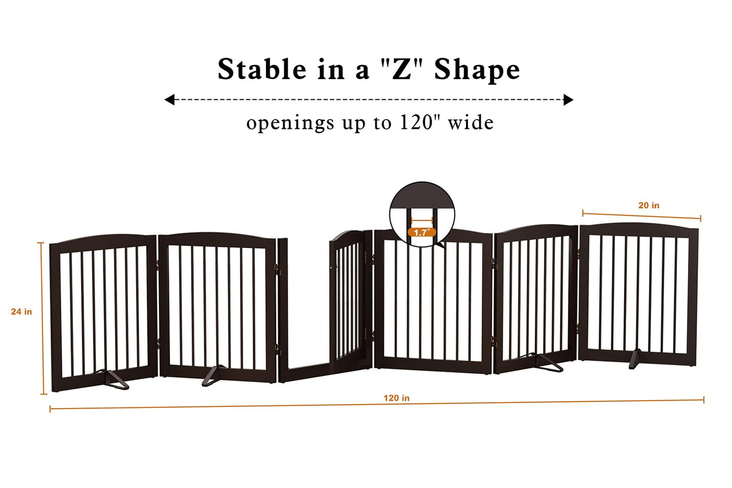 PUPETPO Freestanding Pet Gates with Walk Through Door, Dog Indoor Fence, Dog Gate for The House, Doorway, Stairs, Extra Wide Pet Gate, Support Feet Included, 120 Inch Wide, 6 Panels 24" Tall, Brown