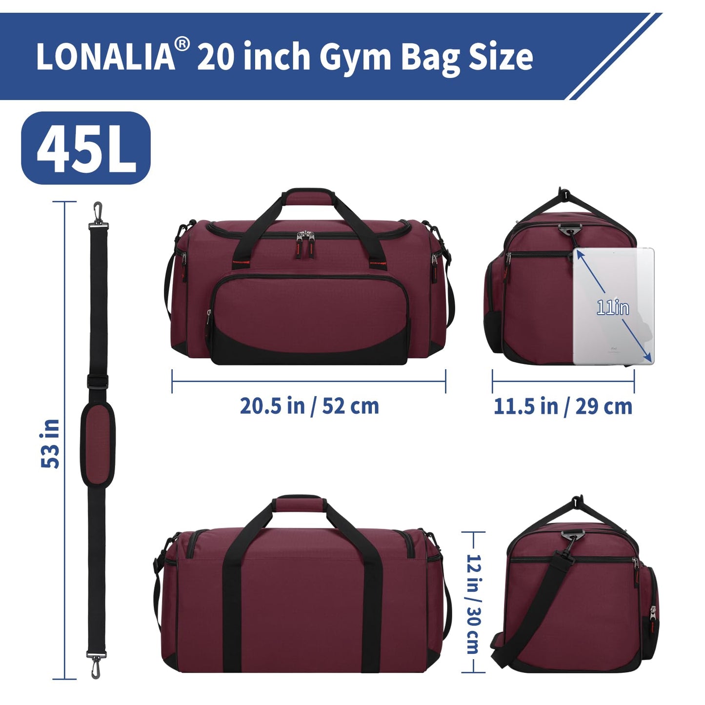 LONALIA 45L Gym Sport Duffle Bag - 20 inch Weekender Overnight Bag for Travel, Workout, Fitness, Training (Maroon-45L)