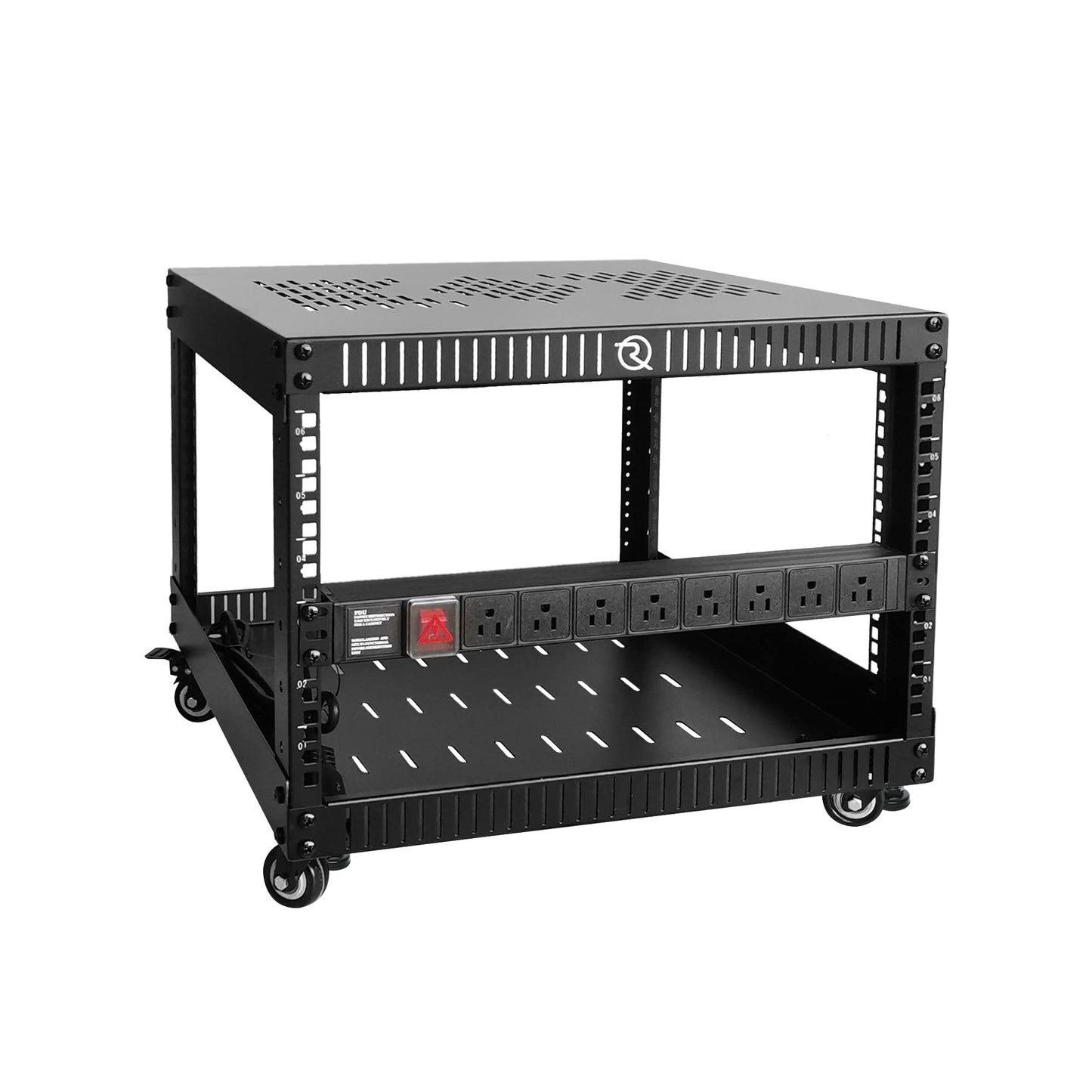 RIVECO 6U Network Rack with Top & Bottom Vented Plates- 4 Rolling Wheels Floor Standing Rack for 19" Equipment & Stereo Gear- Including Basic Rail Mount PDU Power Strip & M5 Screws 50 Sets