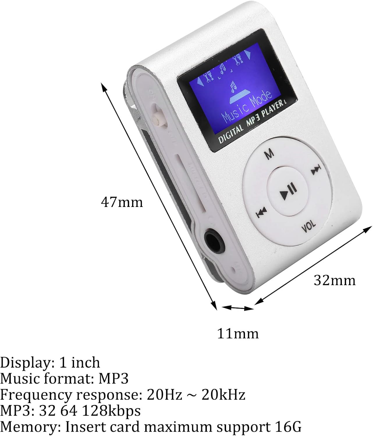 ciciglow MP3 32G,Suitable Mini Player,Mini LCD Screen Display USB Player,with Earphones,Ultra-Light Clip-on