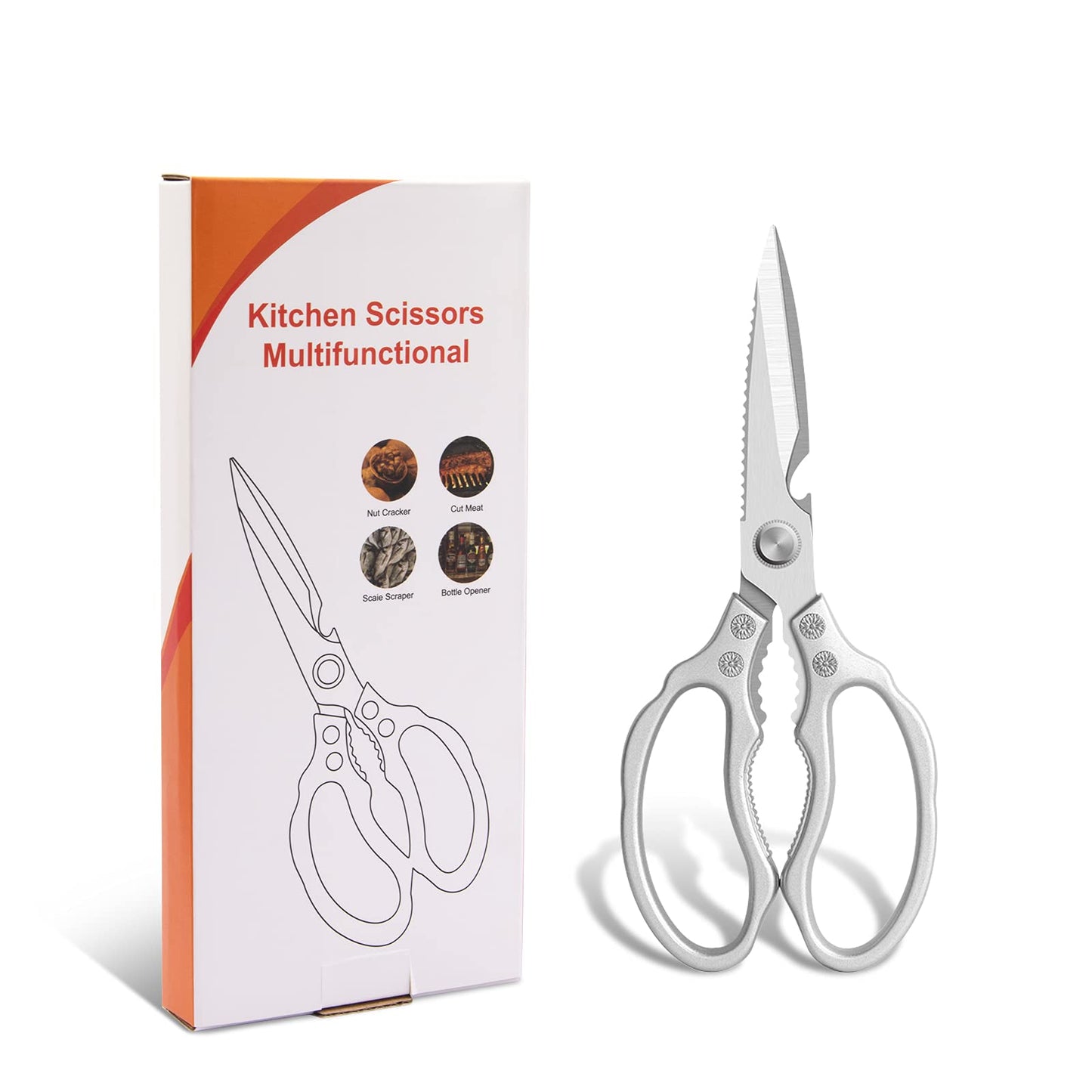 CGBE Kitchen Scissors, Multi-Purpose Kitchen Shears, Heavy Duty Dishwasher Safe Food Scissors for Chicken, Poultry, Fish, Meat & Herbs with Non-Slip Grips - Sliver