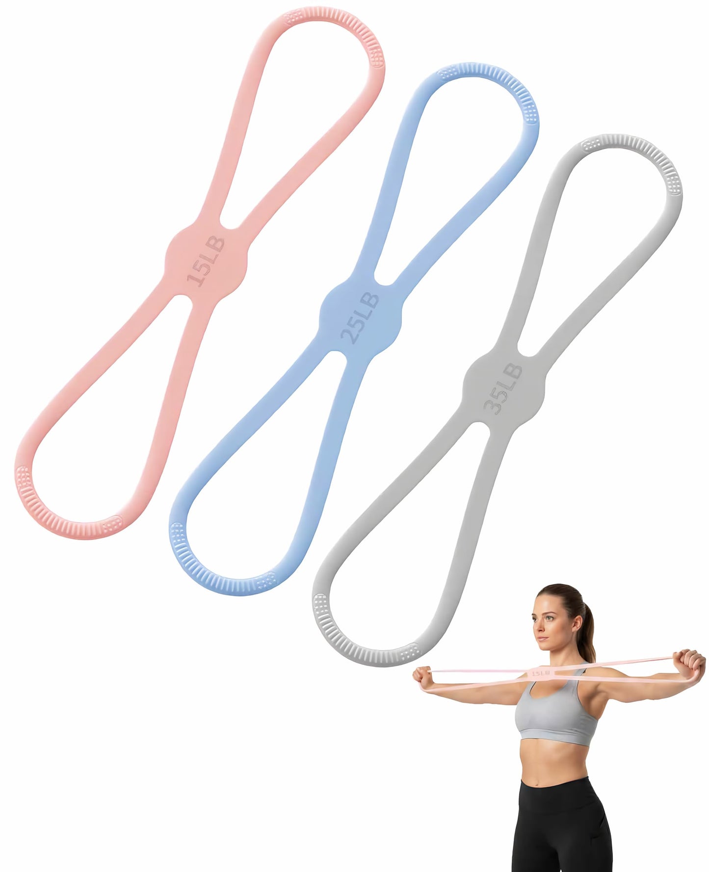 Geyynow 3 PCS Figure 8 Resistance Bands for Women, 15 Lbs & 25 Lbs & 35 Lbs Keep Resistance Band for Arm with Non-Slip Handles