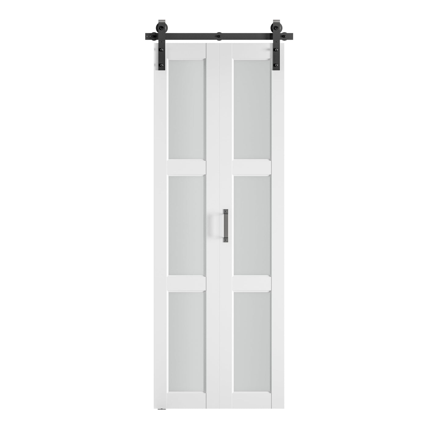 SMARTSTANDARD 30in x 84in Bifold Barn Door, Frosted Glass Barn Door with Hardware Kit Included, Pre-Drilled Holes Easy Assembly -Solid Barn Doors Slab Covered with Water-Proof PVC Surface, White