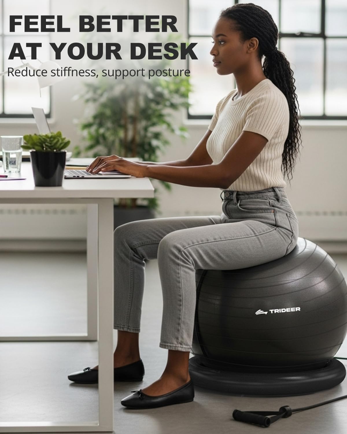 Trideer Exercise Ball Chair with Base & Resistance Bands for Home Gym, Stability Ball Seat for Core Workout and Back Support