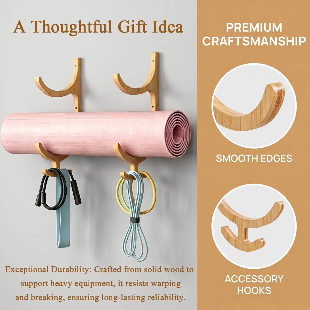 Cococheers Wooden Yoga Mat Holder Wall Mount with Hooks, Yoga Mat Rack for Mats, Resistance Bands, Jump Ropes, Space Saving Storage for Home Gym, Studio, Apartment, Wood Grain, 16.2x9.9 Inches