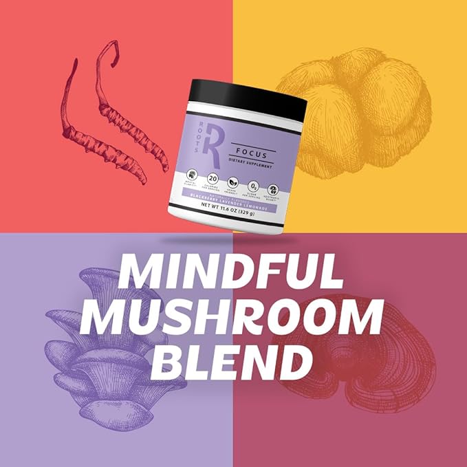 Roots Focus Nootropic Brain Supplement, BlackBerry Lavender Lemonade, Blend of Lion's Mane, Cordyceps, & Reishi Functional Mushrooms with Extended-Release Caffeine, 15 Servings
