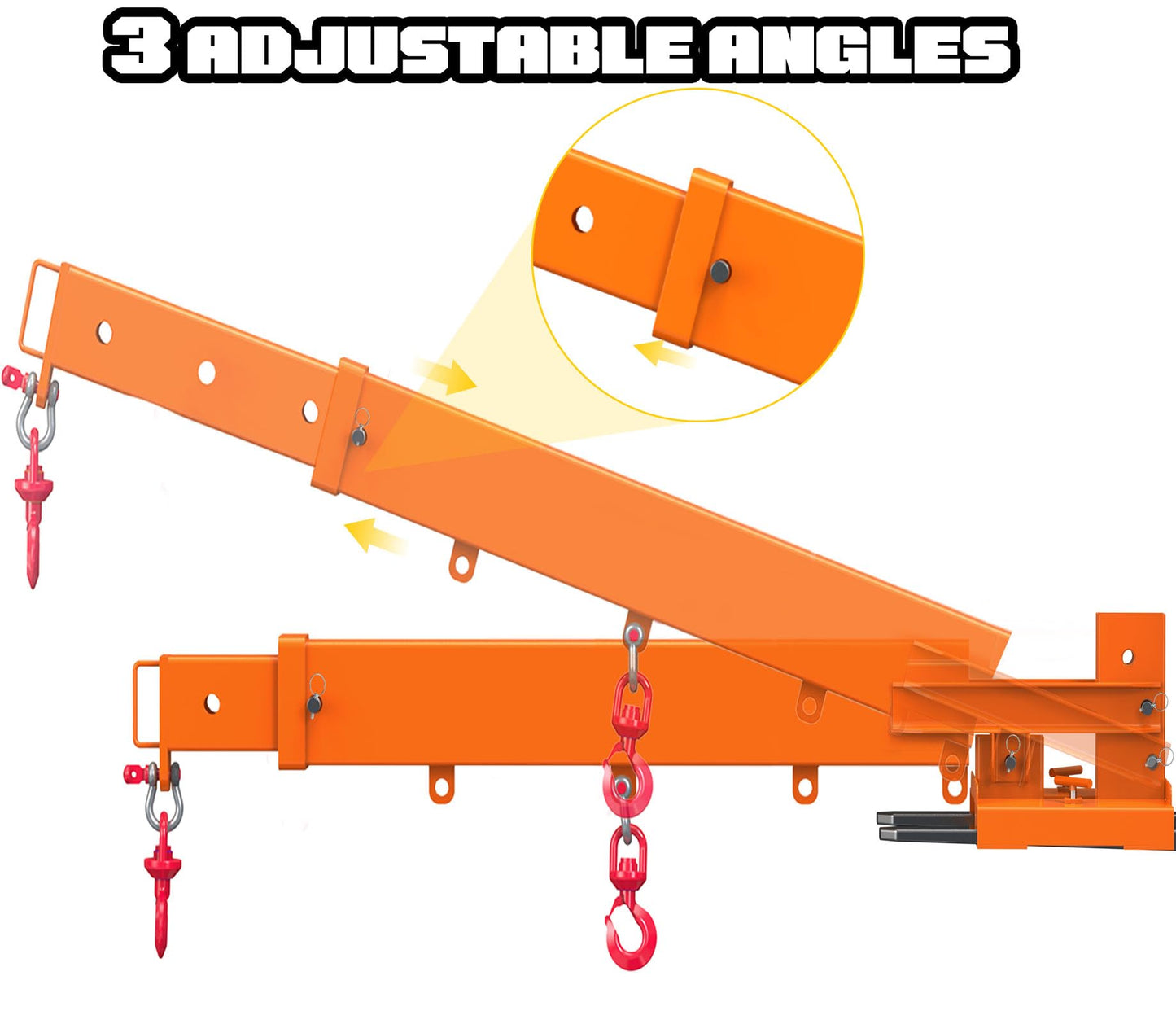 Jib Crane 6613 Lbs Boom Lift Fork Mounted Crane Attachment with Adjustable Holes Heavy Duty Steel Construction 2 Swivel Hooks 3 Angle Adjustment 28”to 124”