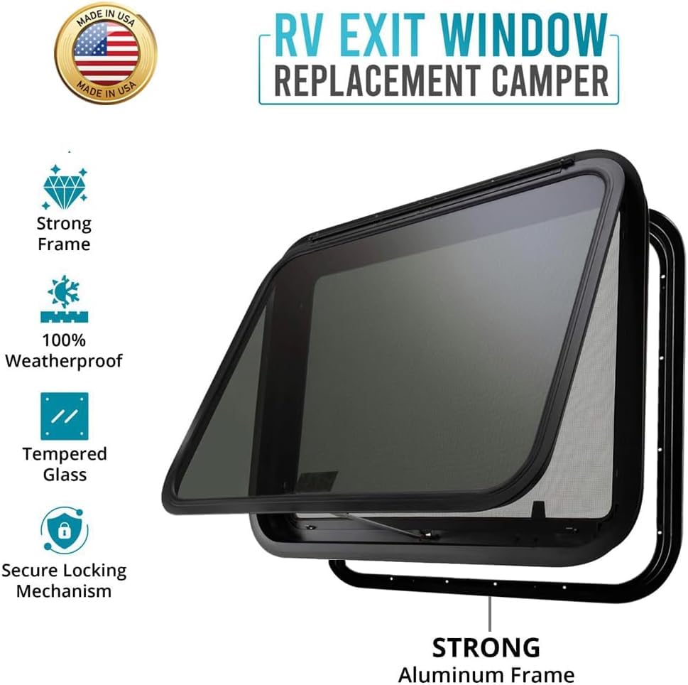 PRO FLEX Heavy Duty RV Exit Window - Tempered Glass, 36in W x 22in H, DOT Certified, Easy Installation, for 1-3/4in Wall Thickness