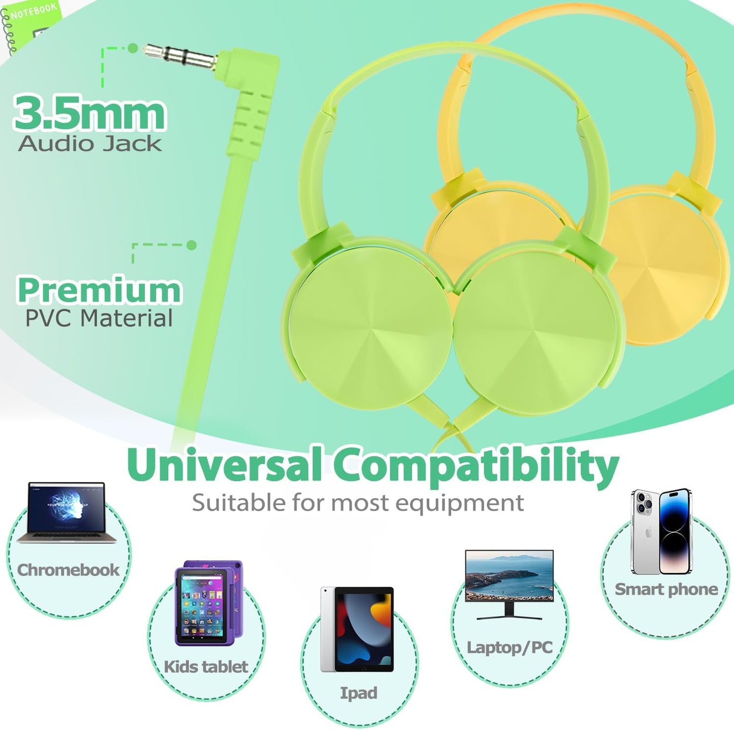 2 Pack K-12, 3.5mm Kids Headphones for School Classroom Swivel Foldable, HD Stereo, Jack Wired Headphone for Kids