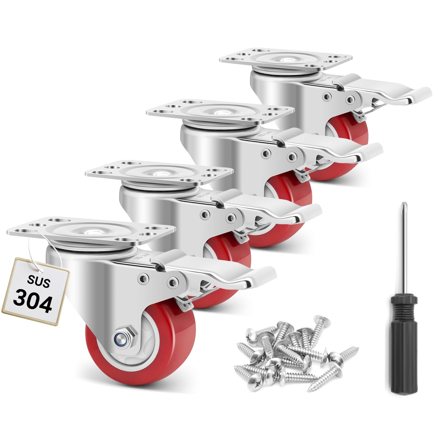 W B D WEIBIDA 2 Inch Stainless Steel Caster Wheels with Brake,Rust-Proof 304 Casters Set of 4,Anti-Corrosion Industrial Castor for Furniture,Labs,Hospitals,Restaurants, Toolbox